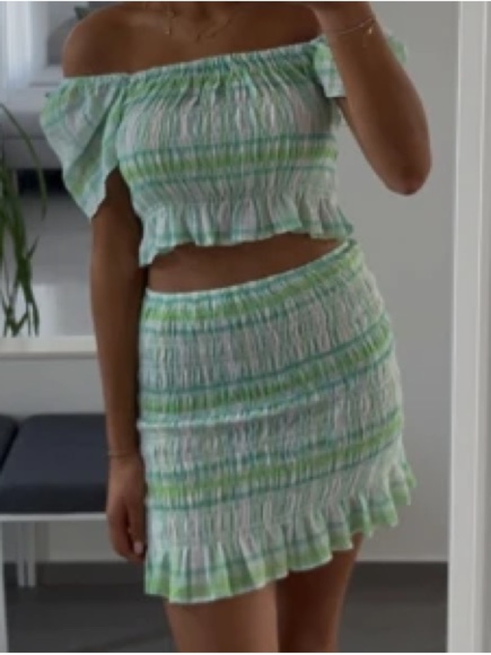 Zara Green and White Striped Smocked Mini Skirt&Top